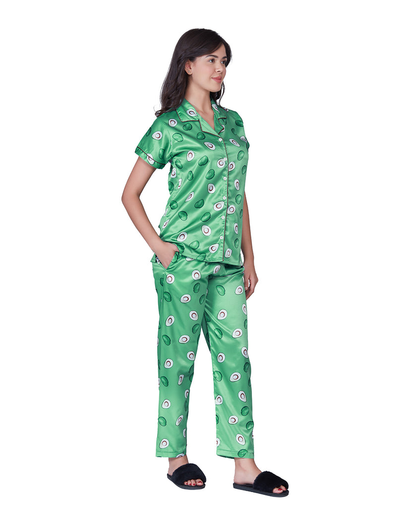 Women's Avocado Green Satin Night Suit